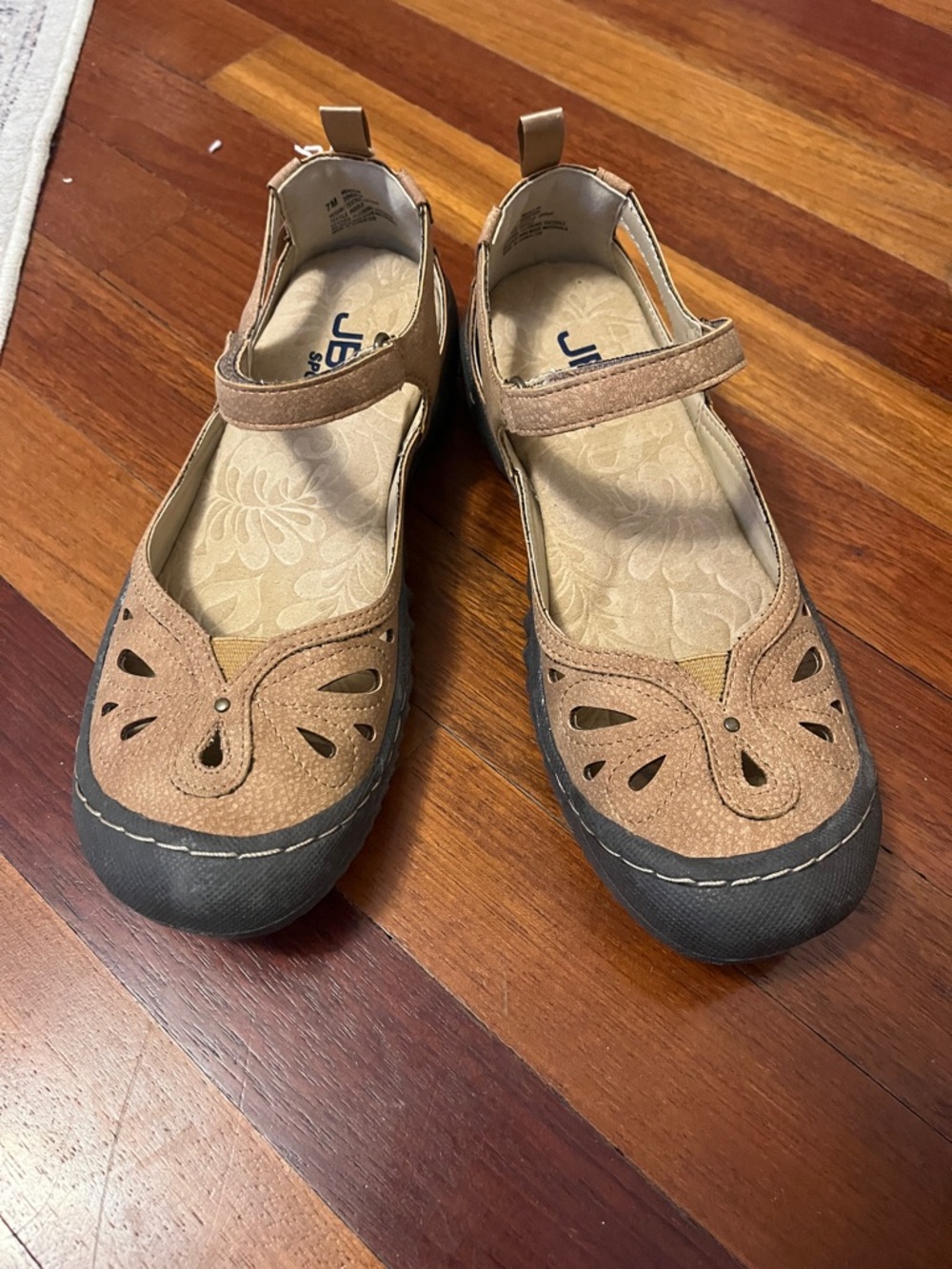 JBU Tan Mary Jane Flats with Gray Toe Cap